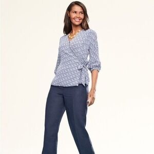 Talbots Blue/White Floral Shirt 3/4 Sleeve Flowy Wrap Side Tie‎ Blouse Top SP #